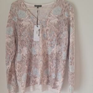 Designer Barbara Katz Women's V-Neck Floral Romantic Sweater - Pink, and Lt Blue